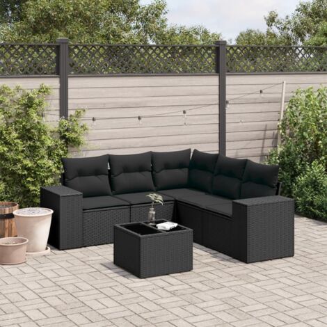 Ensemble Salon Jardin 6 Places Noir Résine Tressée avec Coussins - Table Verre Trempé - Mobilier Extérieur Modulaire (1/4)