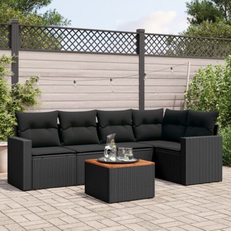 Ensemble de jardin 6 places en résine tressée noir avec coussins - Salon extérieur modulaire avec table acacia (1/3)