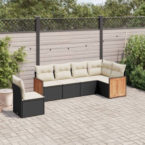 Ensemble Salon Jardin 6 Places Noir Résine Tressée avec Coussins Crème - Meuble Extérieur Modulaire (1/4)