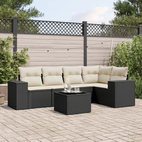 Ensemble Salon Jardin 6 Places Noir Résine Tressée avec Table Verre Trempé et Coussins Crème - Stockage Intégré (1/3)