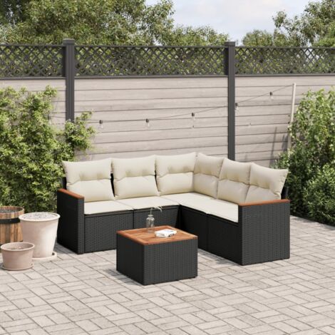 Ensemble salon jardin 6 places noir résine tressée avec coussins crème - Table acacia et structure acier (1/4)