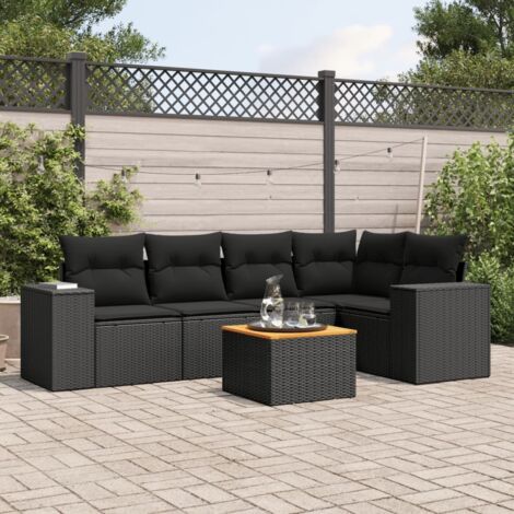 Ensemble Salon Jardin 6 Places Noir Résine Tressée avec Coussins - Canapé d'Angle, Table Acacia - Meuble Extérieur Modulaire (1/3)