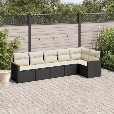 Ensemble salon jardin 6 places résine tressée noir avec coussins crème - 6 pièces modulables rangement intégré (1/4)