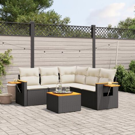 Ensemble salon jardin 6 places résine tressée noir avec coussins crème - Canapés modulables acier et acacia pour terrasse (1/4)