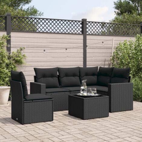 Ensemble salon jardin 6 places noir résine tressée avec coussins et table verre trempé - Stockage intégré et design modulaire (1/3)