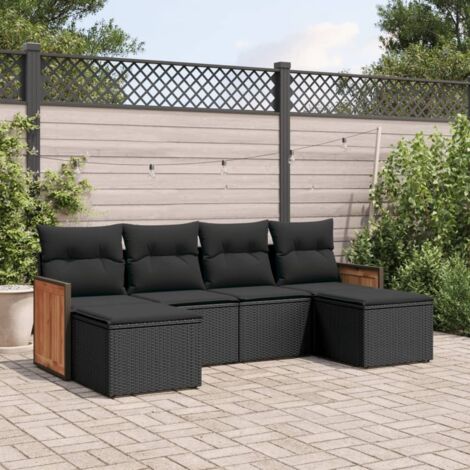 Ensemble Salon Jardin 6 Places Noir Résine Tressée avec Coussins - Canapé, Siège Central et Repose-Pieds Modulables (1/4)