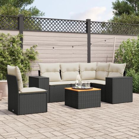 Ensemble Salon Jardin 6 Places Noir Résine Tressée avec Coussins - Table Acacia et Espaces Rangement (1/3)