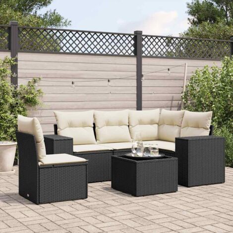 Ensemble jardin 6 places résine tressée noir avec coussins crème - Salon modulaire d'extérieur avec housses lavables (1/4)