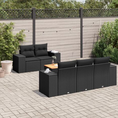Ensemble Jardin 6 Places Noir Résine Tressée avec Coussins - Salon Extérieur Modulaire Acacia (1/3)