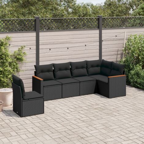 Ensemble Salon Jardin 6 Places Noir Résine Tressée avec Coussins - Meuble Extérieur Modulaire (1/4)