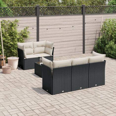 Ensemble Salon Jardin 6 Places Noir Résine Tressée avec Table Verre et Coussins Crème - Stockage Intégré (1/3)