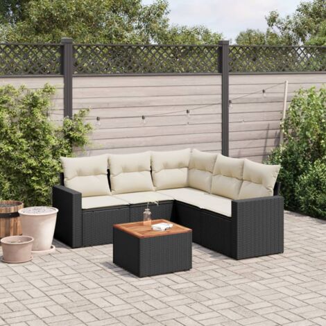Ensemble salon jardin 6 places noir résine tressée avec table acacia et coussins crème - Canapés modulables extérieur (1/3)