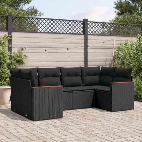 Ensemble salon jardin 6 places résine tressée noir avec coussins déhoussables (1/4)