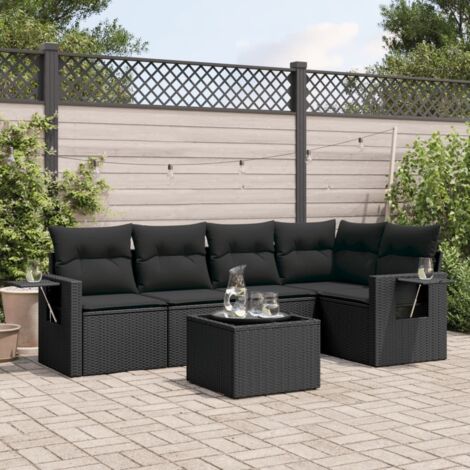 Ensemble jardin 6 places noir résine tressée avec rangement intégré et coussins déhoussables (1/3)