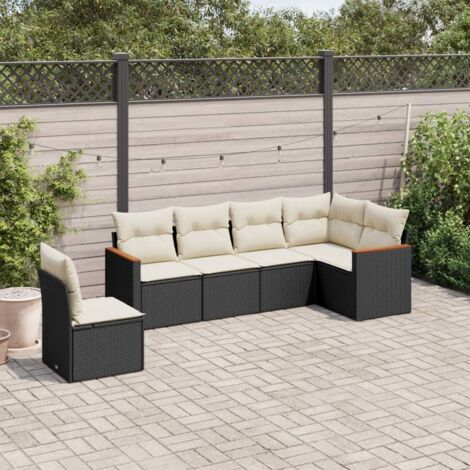 Ensemble jardin 6 places résine tressée noir avec coussins crème - Salon extérieur modulaire acier (1/4)