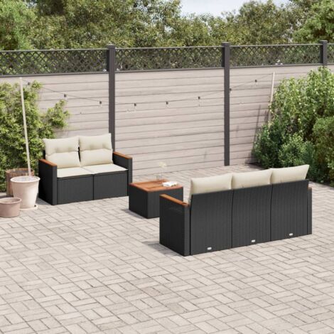 Ensemble salon jardin 6 places noir résine tressée avec coussins crème et table acacia (1/4)