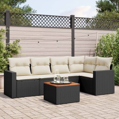 Ensemble de jardin 6 places noir résine tressée avec table acacia et coussins lavables - Salon extérieur modulaire (1/3)