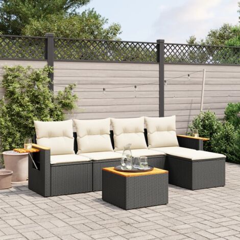Ensemble Jardin 6 Places Noir Résine Tressée avec Coussins Crème - Salon Extérieur Modulaire Acacia (1/4)