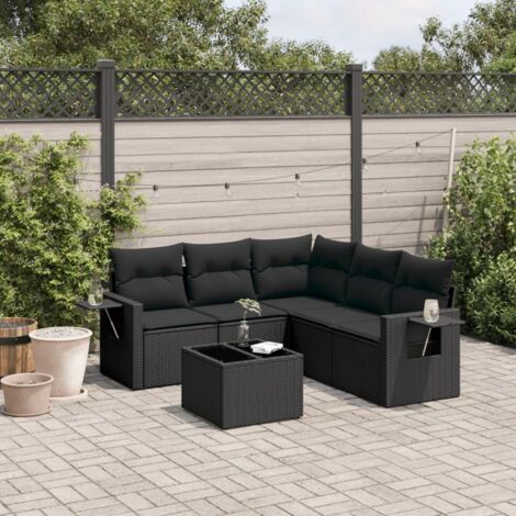 Ensemble jardin 6 places résine tressée noir avec coussins et rangement intégré (1/3)