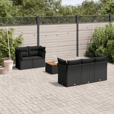 Ensemble salon jardin 6 places noir résine tressée avec coussins - Table acacia et mobilier modulaire extérieur (1/3)