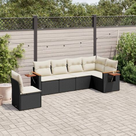 Ensemble Salon Jardin 6 Places Noir Résine Tressée avec Coussins Crème - Canapé d'Angle Modulaire (1/4)