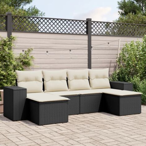 Ensemble jardin 6 places résine tressée noir avec coussins crème - Salon extérieur modulaire rangement intégré (1/3)