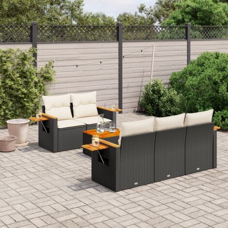 Ensemble jardin 6 places noir résine tressée avec coussins crème - Salon extérieur modulaire acacia et acier (1/4)