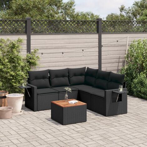 Ensemble Salon Jardin 6 Places Noir Résine Tressée avec Coussins - Canapé d'Angle Modulaire Acacia (1/4)