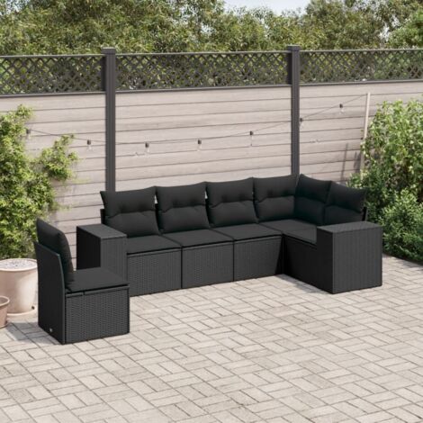 Ensemble salon jardin 6 places résine tressée noir avec coussins - Canapé d'angle et central modulaire rangement intégré (1/3)