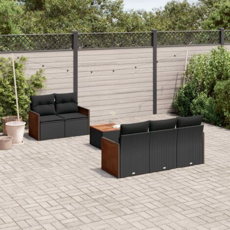 Ensemble Salon Jardin 6 Places Noir Résine Tressée avec Coussins - Table Acacia - Modulaire (1/4)