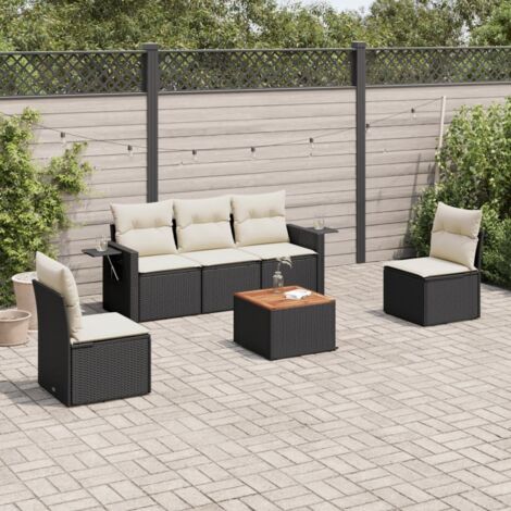 Ensemble jardin 6 places résine tressée noir avec coussins crème - Salon extérieur modulaire rangement intégré (1/3)