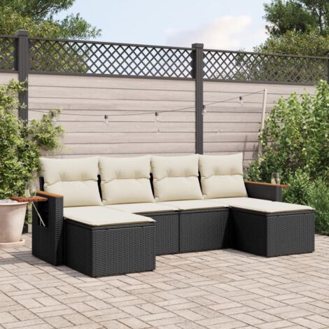 Canapé de Jardin 6 Places Noir Résine Tressée avec Coussins Crème - Ensemble Salon Extérieur Modulaire (1/4)
