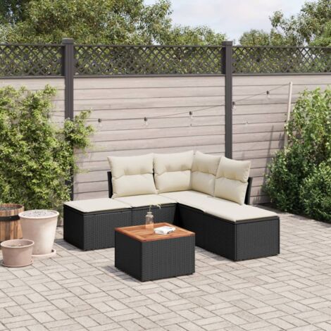 Ensemble de Jardin 6 Places Noir Résine Tressée avec Table Acacia et Coussins Crème - Meubles Extérieur Modulaires avec Rangement Intégré (1/4)
