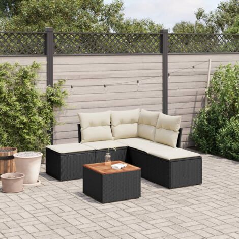 Ensemble jardin 6 places résine tressée noir avec coussins crème - Salon d'extérieur modulaire acacia et polyester lavable (1/3)