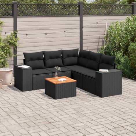 Ensemble salon jardin 6 places noir résine tressée avec table acacia et coussins lavables - Canapés d'extérieur modulables (1/3)