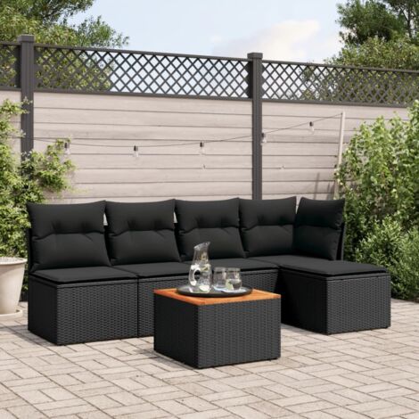 Ensemble salon jardin 6 places noir résine tressée avec coussins - Table acacia et mobilier modulaire extérieur (1/3)