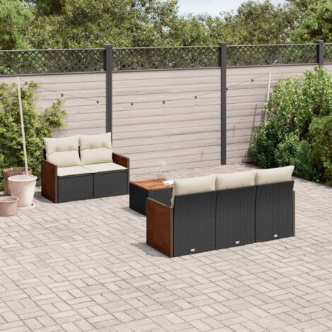 Ensemble Salon Jardin 6 Places Noir Résine Tressée avec Coussins Crème et Table Acacia (1/4)