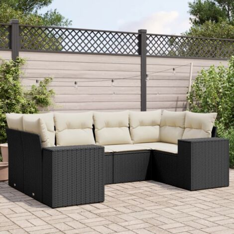 Ensemble Jardin 6 Places Noir Résine Tressée avec Coussins Crème - Salon d'Extérieur Modulaire (1/4)
