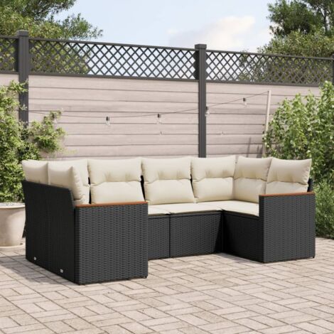 Ensemble Salon Jardin 6 Places Noir Résine Tressée avec Coussins Crème - Meuble Extérieur Modulaire (1/4)