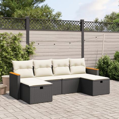 Ensemble Salon Jardin 6 Places Noir Résine Tressée avec Coussins Crème - Meuble Extérieur Modulaire Acier et Polyrotin (1/4)