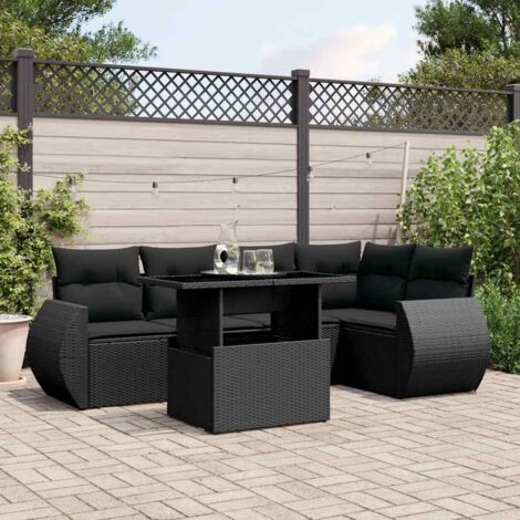 Ensemble de jardin 6 places en résine tressée noire avec table réglable et coussins lavables (1/5)