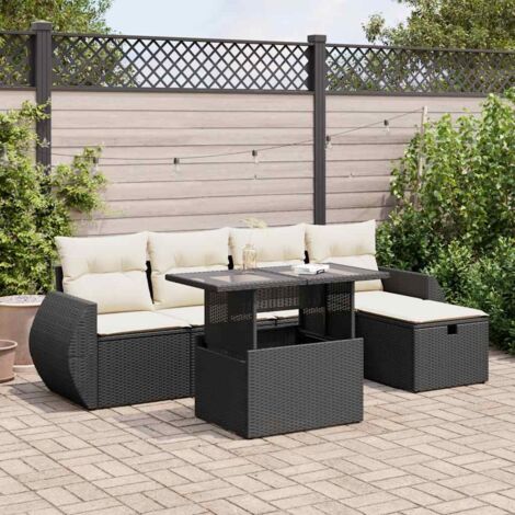 Ensemble Salon Jardin 6 Places Noir Résine Tressée avec Table Verre Trempé et Coussins Crème - Stockage Intégré (1/5)