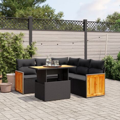 Ensemble de jardin 6 places en résine tressée noire avec table extensible et coussins lavables - Salon extérieur modulaire (1/3)