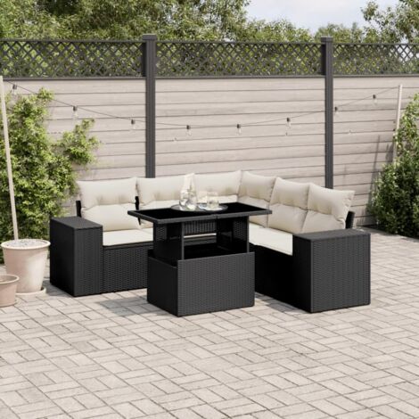 Ensemble Salon Jardin 6 Places Noir Résine Tressée avec Table Réglable et Coussins Crème - Meuble Extérieur Modulaire (1/5)