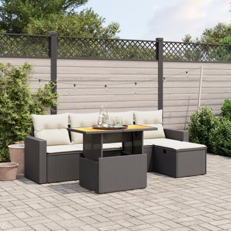 Ensemble Salon Jardin 6 Places Noir Résine Tressée avec Table Réglable et Coussins Crème - Mobilier Extérieur Modulaire (1/4)