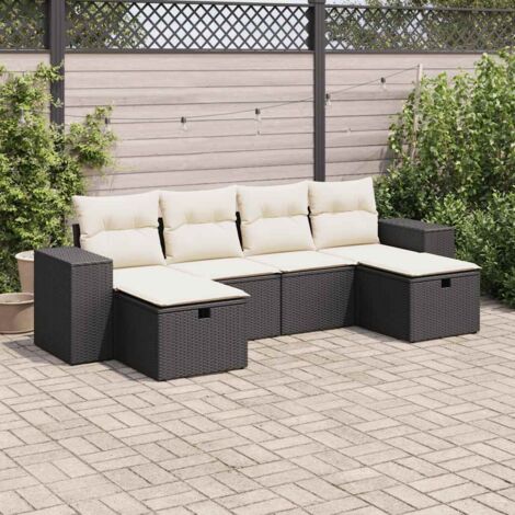 Ensemble Salon Jardin 6 Places Noir Résine Tressée avec Coussins Crème - Canapé Modulaire, Fonction Rangement et Pieds Réglables (1/5)