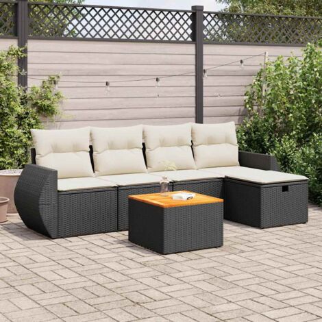 Ensemble Salon Jardin 6 Places Noir Résine Tressée avec Table Acacia et Coussins Crème - Mobilier Extérieur Modulaire avec Rangement (1/5)