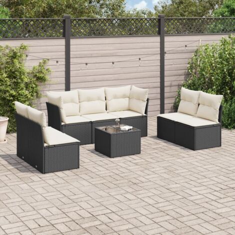 Ensemble Jardin 8 Places Résine Tressée Noir avec Table Verre Trempé et Coussins Crème - Salon Extérieur Modulaire (1/3)