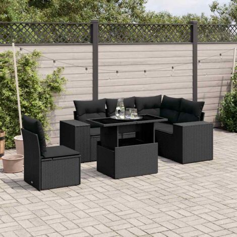 Ensemble Salon Jardin 6 Places Noir Résine Tressée avec Table Réglable et Coussins Confortables - Canapé d'Angle Modulaire (1/5)