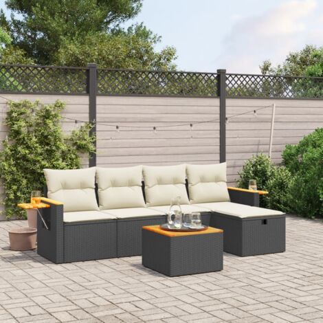 Ensemble Salon Jardin 6 Places Noir Résine Tressée avec Table Acacia et Coussins Crème - Meuble Extérieur Modulaire (1/4)